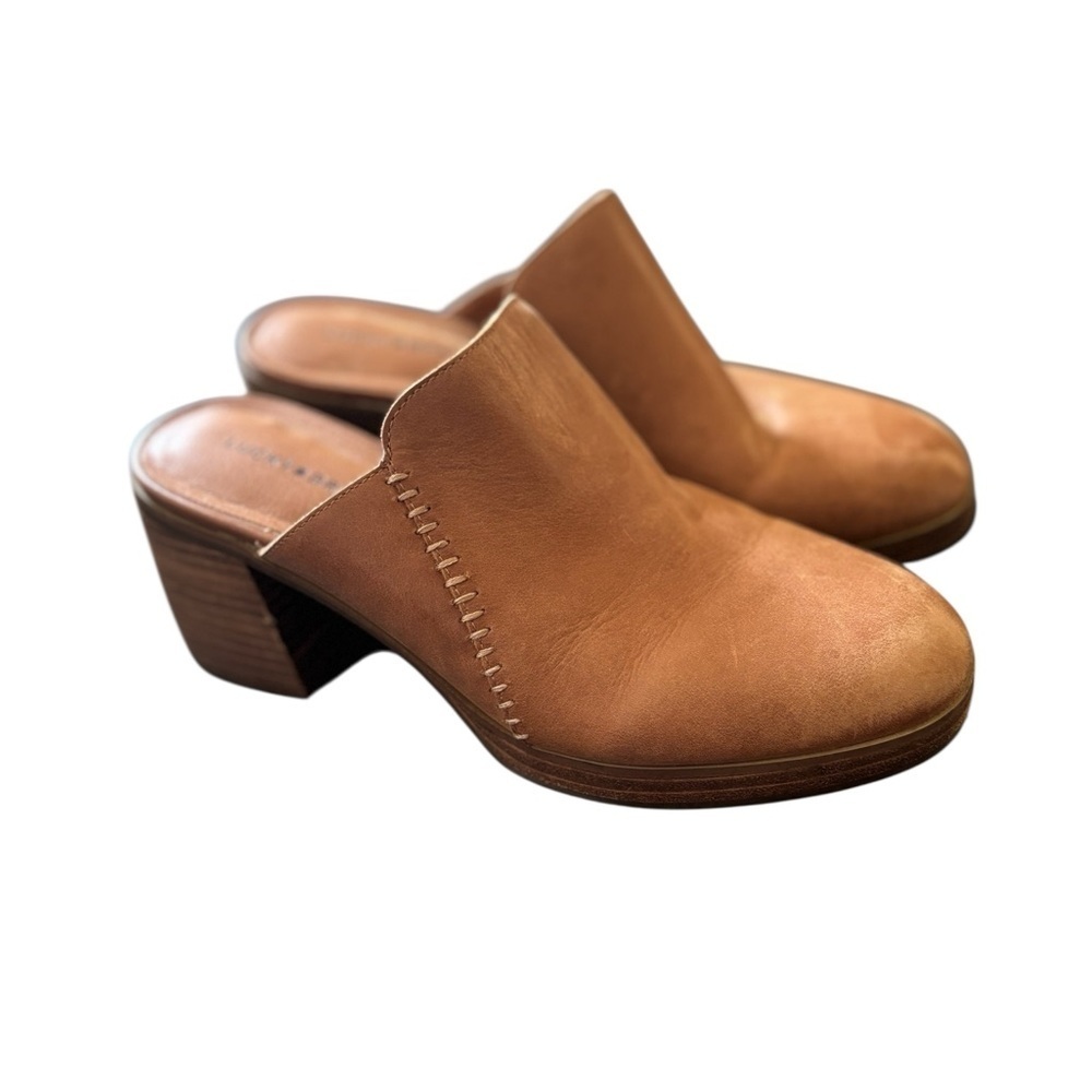 Lucky Brand Qewel Mule Clog Sz 8M Chunky Block 3” Heel Latte Brown Leather